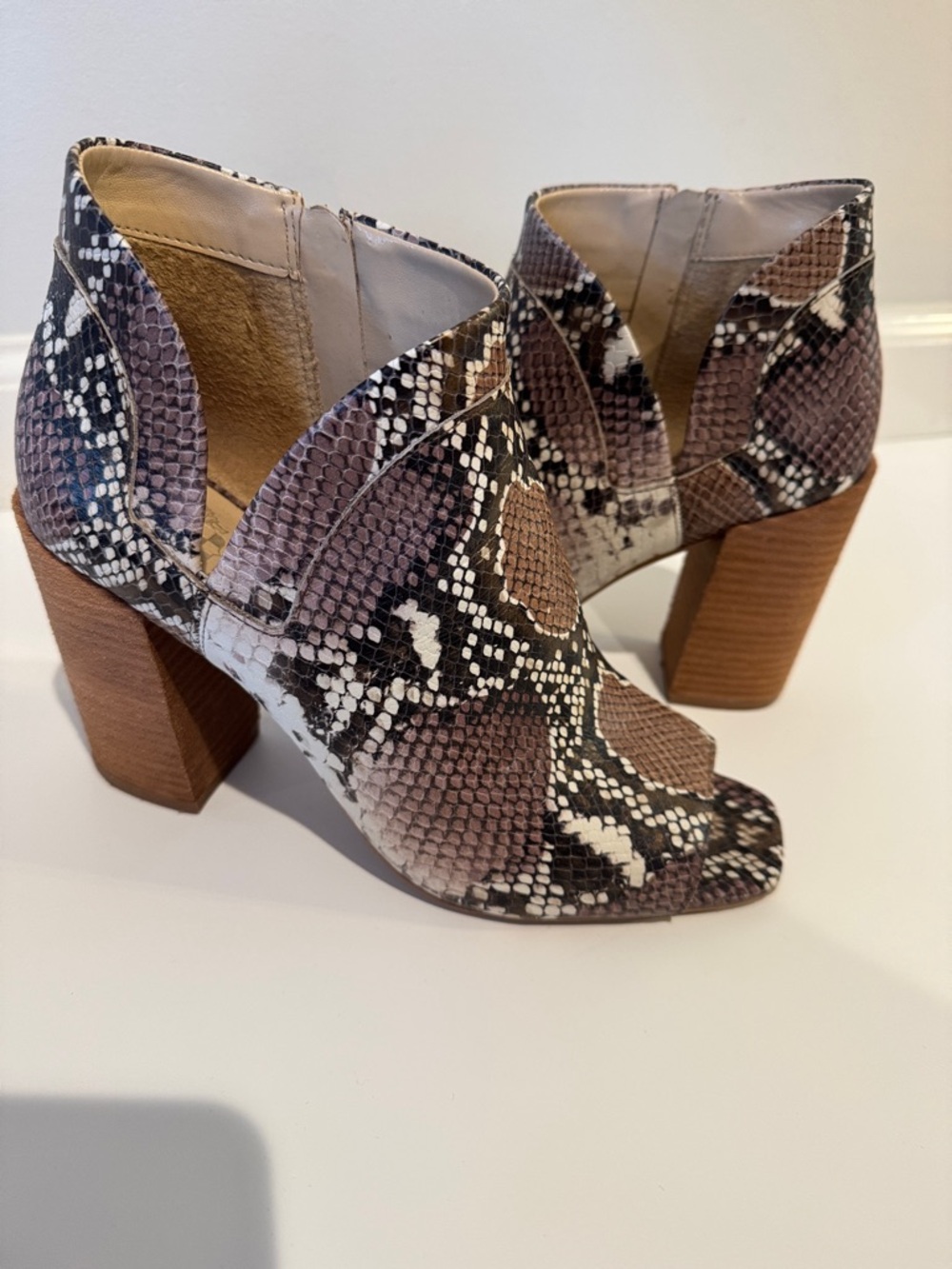 Vince Camuto Fedrilla open toed booties in snake print leather